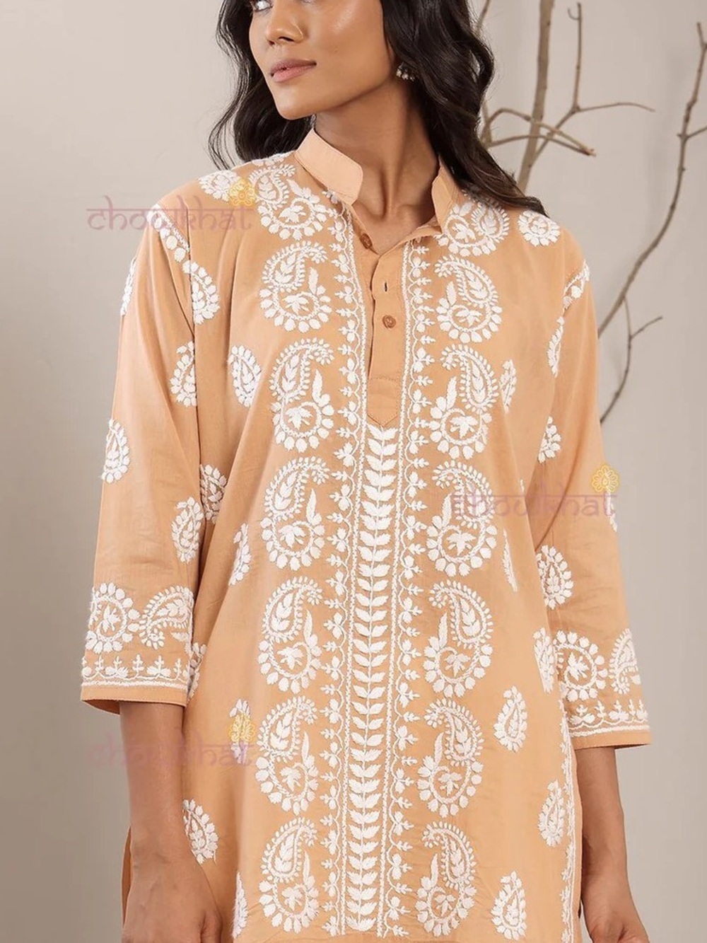 Peach Embroidered Cotton Tunic Top - Women's